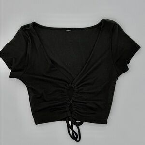 Black Ruched Drawstring Crop Top Short Sleeve V-Neck Small Y2K Grunge Goth Chic